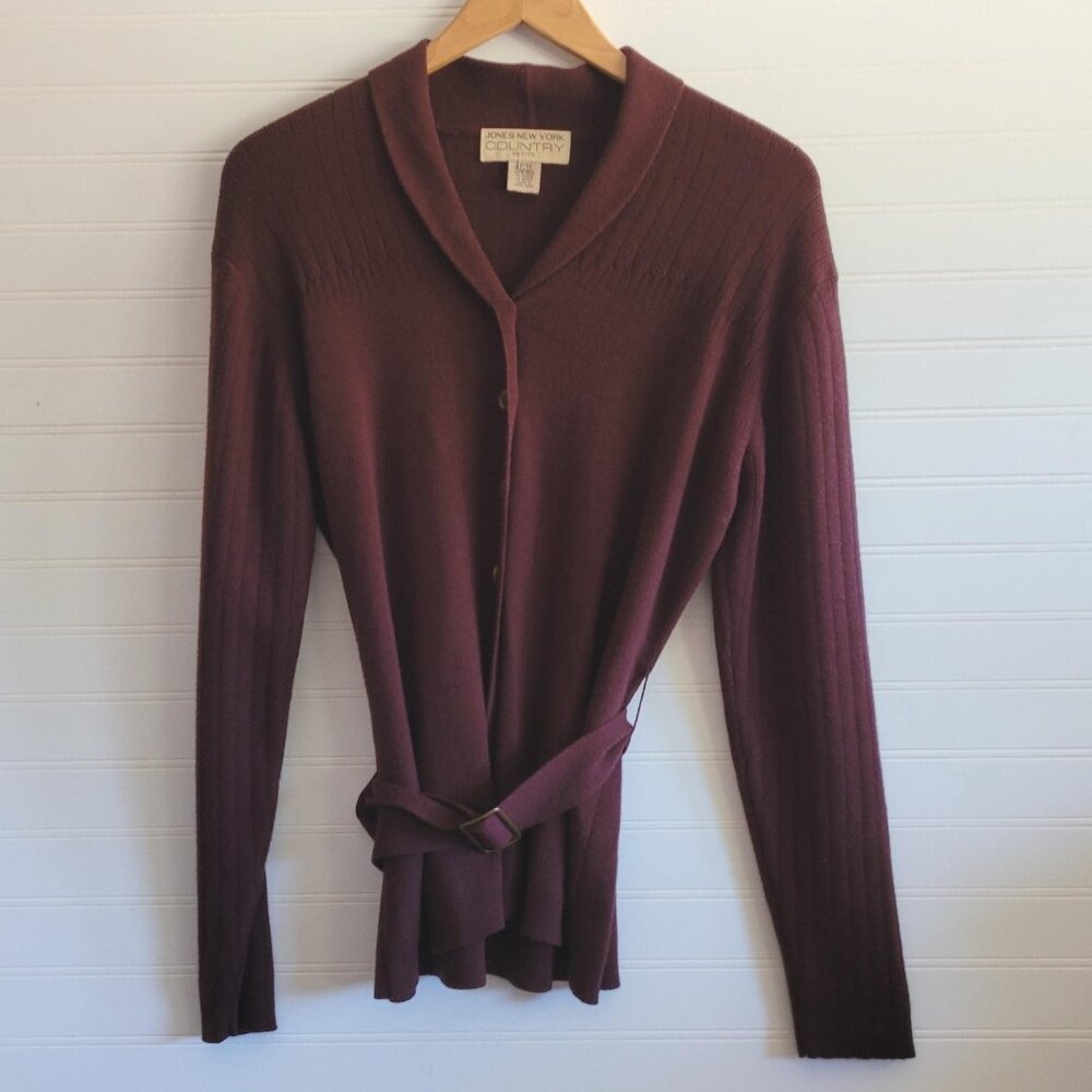 Jones New York Country Cardigan Womens M petite Burgundy Belted Wool Vintage